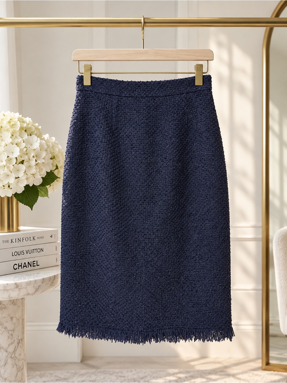 Oscar de la Renta Navy Tweed Pencil Midi Skirt Size 2